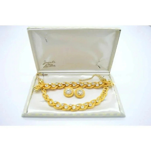 Jewels By Le Dor Clear Rhinestone Gold Tone Metal Mesh 1950s Demi Parure Jewelry - Picture 1 of 12